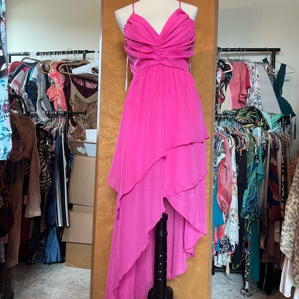 Hot Pink High-Low Ruching Spaghetti Strap Dress